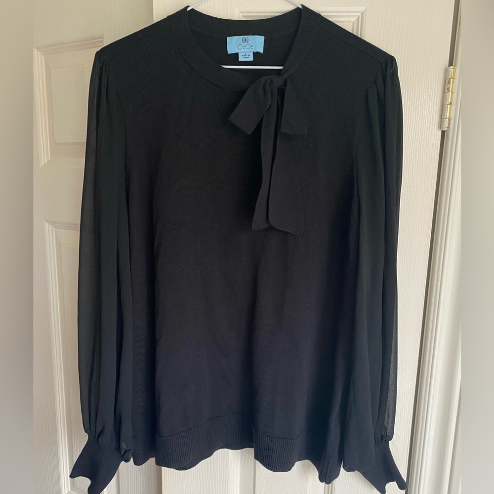 CeCe Black knit sweater Sheer Sleeves with Bow Detail NWOT